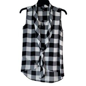 NWOT Alfani Womens Black White Gray Check Tie Bow Sleeveless Blouse 2P 2 Petite